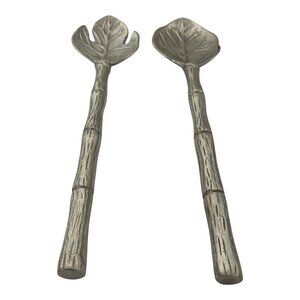 Vintage Leaf Salad Servers Set 2 Bamboo Handle Silver Tone Serving Spoons